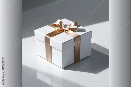 white gift box with gold ribbon isolated on transparent background cutout