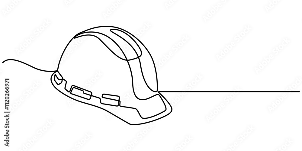 continuous line drawing of construction helmet symbol. abstract line art illustration symbolizing protection, Minimalist Continuous Line Art of Safety Helmet Emphasizing Protective Gear, Continuous. 