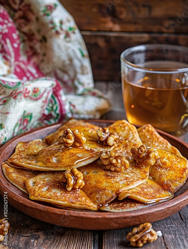 Russian thin blini with walnuts and tea on rustic setting photo