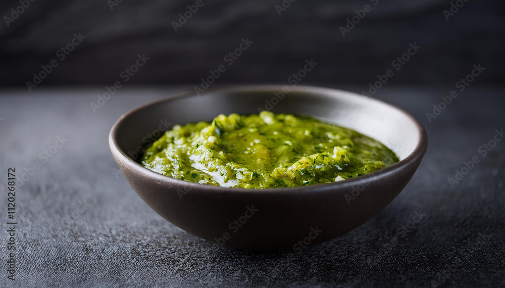 Bowl of delicious green salsa Verde sauce on dark table. Fresh and tasty semi-solid food. Bowl of delicious green salsa Verde sauce on dark table. Fresh and tasty semi-solid food.
