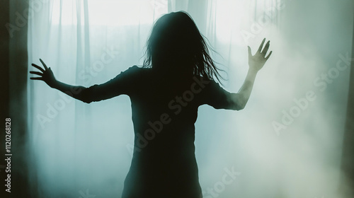 Silhouette of a woman against a misty, indistinct background. photo