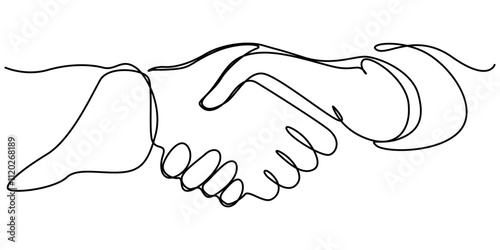 hand drawn continuous one line of handshake. poster art print. vector illustration, two businessmen shaking hands. Continuous one line drawing illustration vector, Handshake continuous line drawing. 