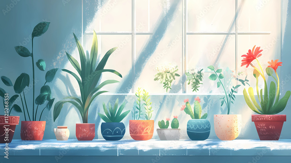 Illustration of houseplants in colorful pots Illustration of houseplants in colorful pots