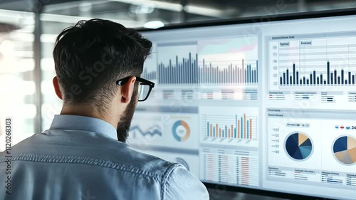 Business Professional Analyzing KPI Dashboard with BI Metrics