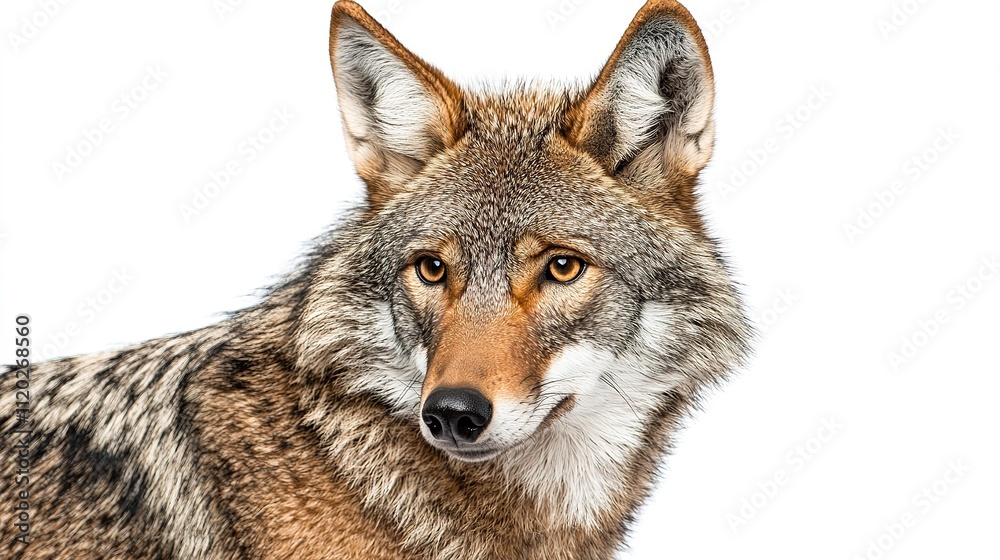 A close-up image of a coyote, showcasing its distinctive fur, expressive eyes, and keen features against a white background. A close-up image of a coyote, showcasing its distinctive fur, expressive eyes, and keen features against a white background.