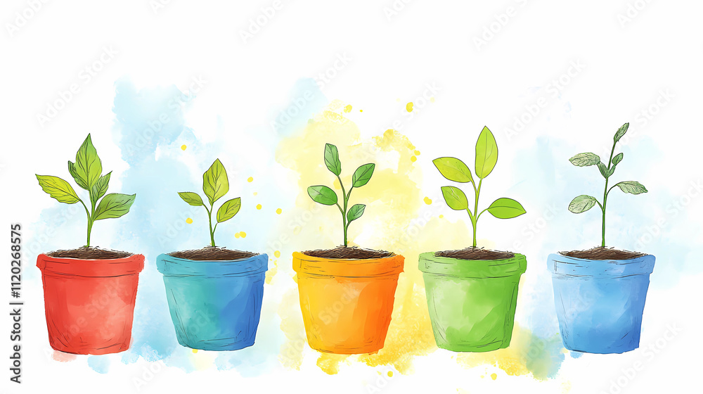 Illustration of houseplants in colorful pots Illustration of houseplants in colorful pots