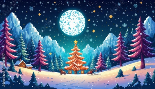 retro arcade gaming vintage graphics image of a Christmas village in a snowy landscape