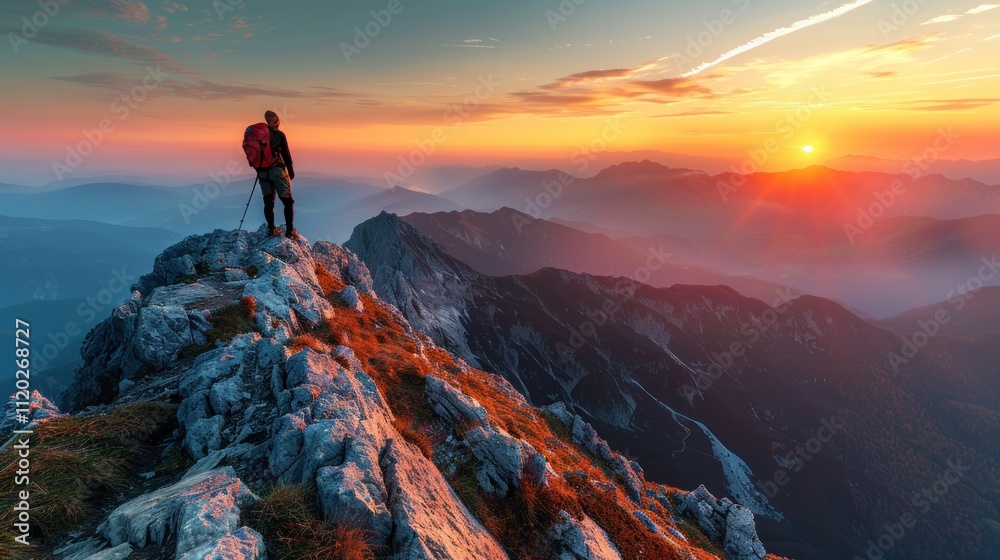 Hiker enjoying sunset atop mountain peak. Hiker enjoying sunset atop mountain peak.