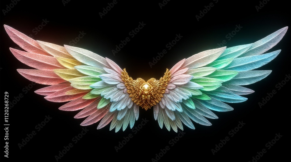 Obraz premium Multi-colored gradient feathered wings with golden centerpiece on black background representing beauty and diversity
