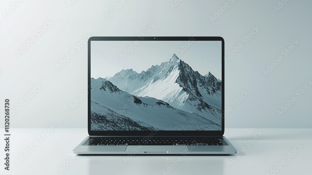 Fototapeta premium A sleek laptop displays a stunning mountain landscape on its screen, set against a minimalist background.