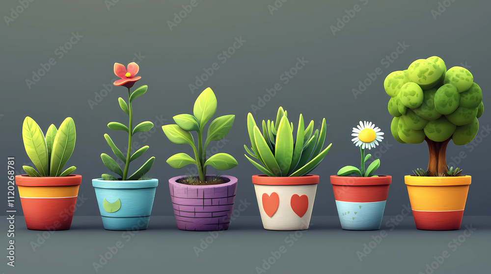 Illustration of houseplants in colorful pots Illustration of houseplants in colorful pots