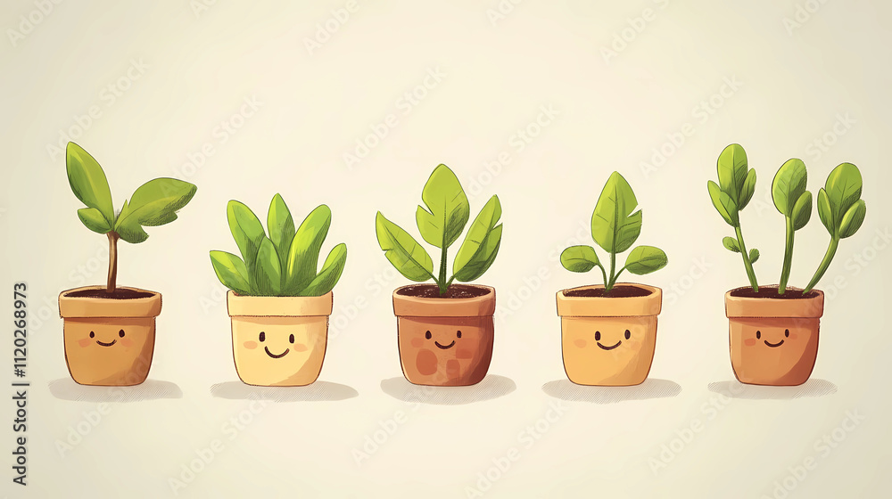 Illustration of houseplants in colorful pots Illustration of houseplants in colorful pots