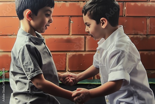 Two young boys happily engaging in a playful interaction indoors. photo