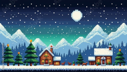 retro arcade gaming vintage graphics image of a Christmas village in a snowy landscape
