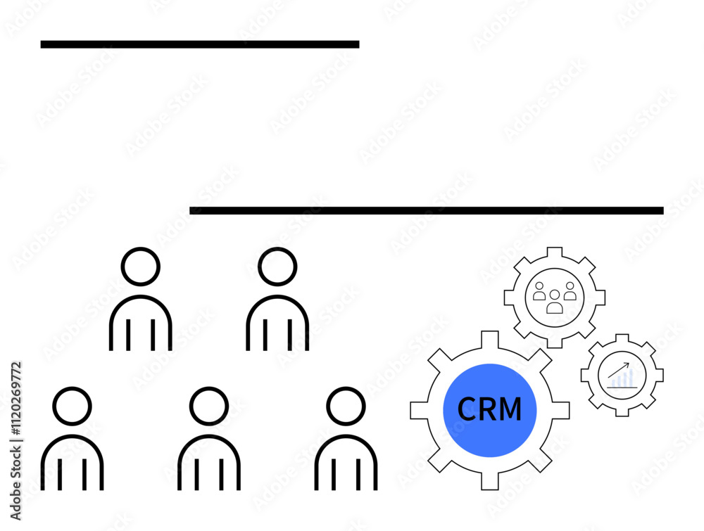 Simple stick figures representing users gears symbolizing CRM integration, and analytic symbols. Ideal for business, CRM, teamwork, user management, analytics, efficiency, technology. Line metaphor Simple stick figures representing users gears symbolizing CRM integration, and analytic symbols. Ideal for business, CRM, teamwork, user management, analytics, efficiency, technology. Line metaphor