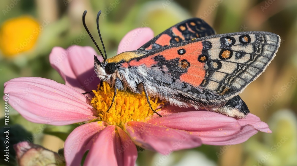 Obraz premium Close-up of a moth resting on a pink cosmos flower in a sunny meadow, blending into its delicate colors