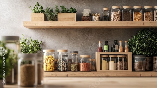 Organized pantry shelves with jars and greenery