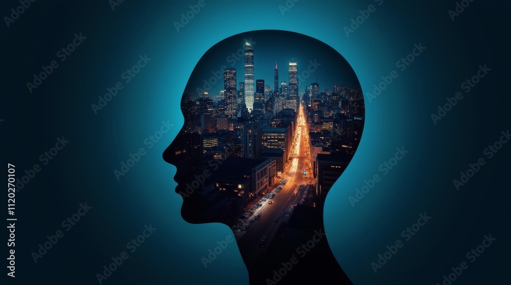 Silhouette of a human head with vibrant city lights symbolizing innovation, technology, and urban exploration in a futuristic conceptual design Silhouette of a human head with vibrant city lights symbolizing innovation, technology, and urban exploration in a futuristic conceptual design