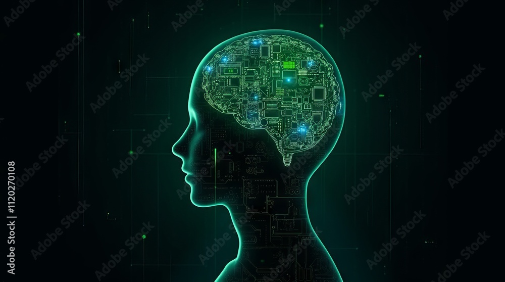 Abstract green digital profile of a human head with circuit board patterns symbolizing artificial intelligence and futuristic technology Abstract green digital profile of a human head with circuit board patterns symbolizing artificial intelligence and futuristic technology