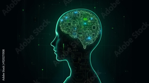 Abstract green digital profile of a human head with circuit board patterns symbolizing artificial intelligence and futuristic technology