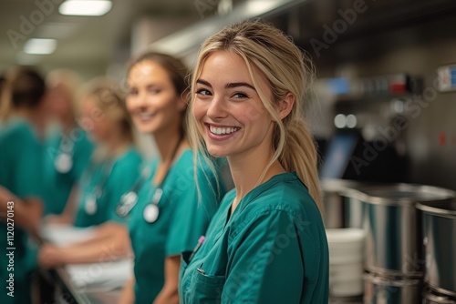 A group of nurses gathered in a break room. Generative AI