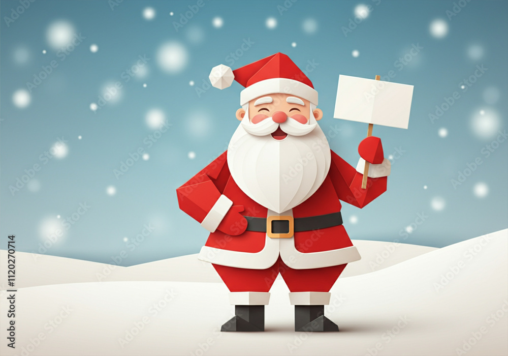Père Noël tenant une pancarte blanche et souriant dans un paysage enneigé. Père Noël tenant une pancarte blanche et souriant dans un paysage enneigé.