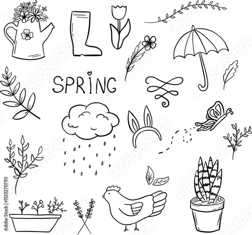 Black and white spring doodle set. Cute set of spring cliparts and Easter elements. Hand-drawn vector illustration isolated on a white background