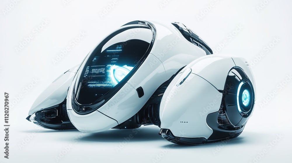 Fototapeta premium A sleek, futuristic robotic vehicle with a smooth, white exterior and glowing blue accents, showcasing advanced technology and design.