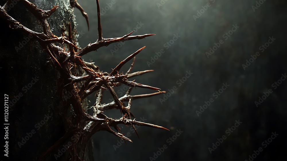 Crown of Thorns: A somber depiction of Jesus' sacrifice, showcasing the crown's intricate detail against a dark, moody background. Crown of Thorns: A somber depiction of Jesus' sacrifice, showcasing the crown's intricate detail against a dark, moody background.