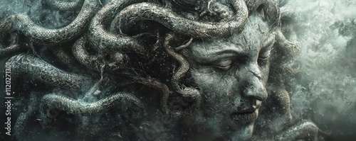 The classic depiction of the head of the Gorgon Medusa from ancient mythology. A gloomy, awesome look horror fright. Technology. Generative AI.