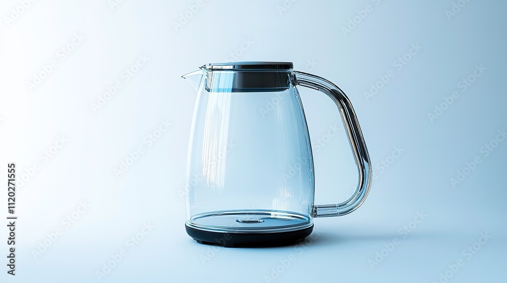 A sleek, modern glass pitcher with a handle and lid, designed for serving beverages, showcased against a minimalistic backdrop.