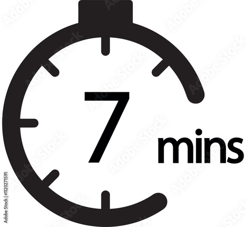 7 Minutes timers clock. Time measure. Chronometer vector icon black isolated on white background.