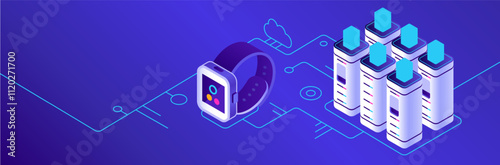 Smartwatch connecting and transferring data to a cloud server database, illustrating the advancement of technology and wearable devices in a digitally interconnected world