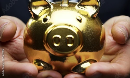 A person holds a shiny golden piggy bank, symbolizing savings and financial growth.