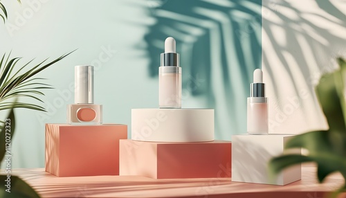 Skincare Products Mockup Beauty Serum Nail Polish Minimalist Design Peach Mint Background