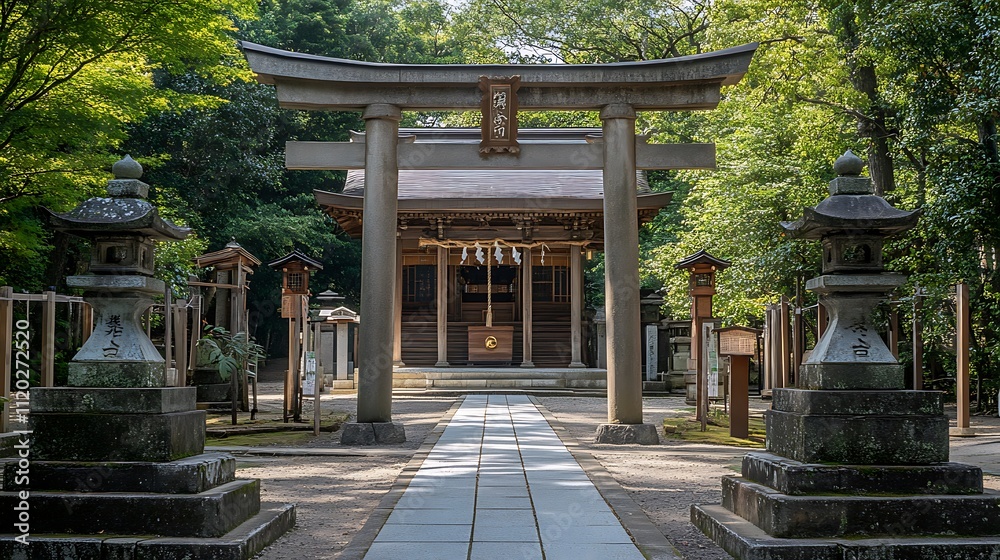 Serene Japanese Shrine Entrance with Torii Gate and Stone Lanterns Serene Japanese Shrine Entrance with Torii Gate and Stone Lanterns