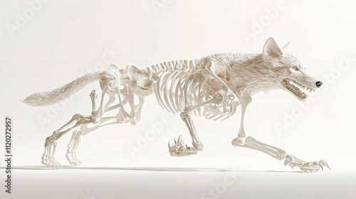 A translucent wolf skeleton in a running pose, showcasing detailed bone structure against a neutral background.