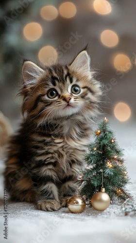 Adorable kitten with sparkling eyes next to a small Christmas tree and ornaments, creating a festive ambiance. photo