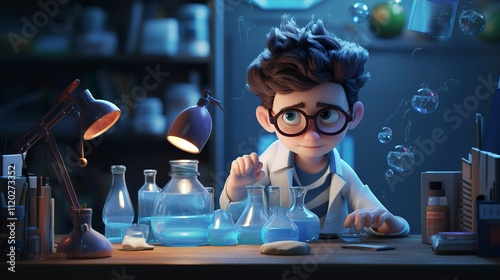A photo of a 3D character organizing a science experiment