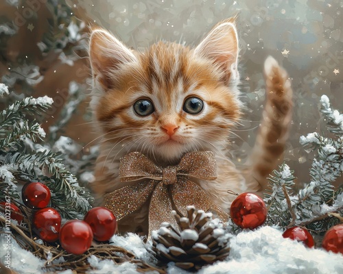 Charming kitten surrounded by festive decorations, creating a warm winter atmosphere full of cozy joy.