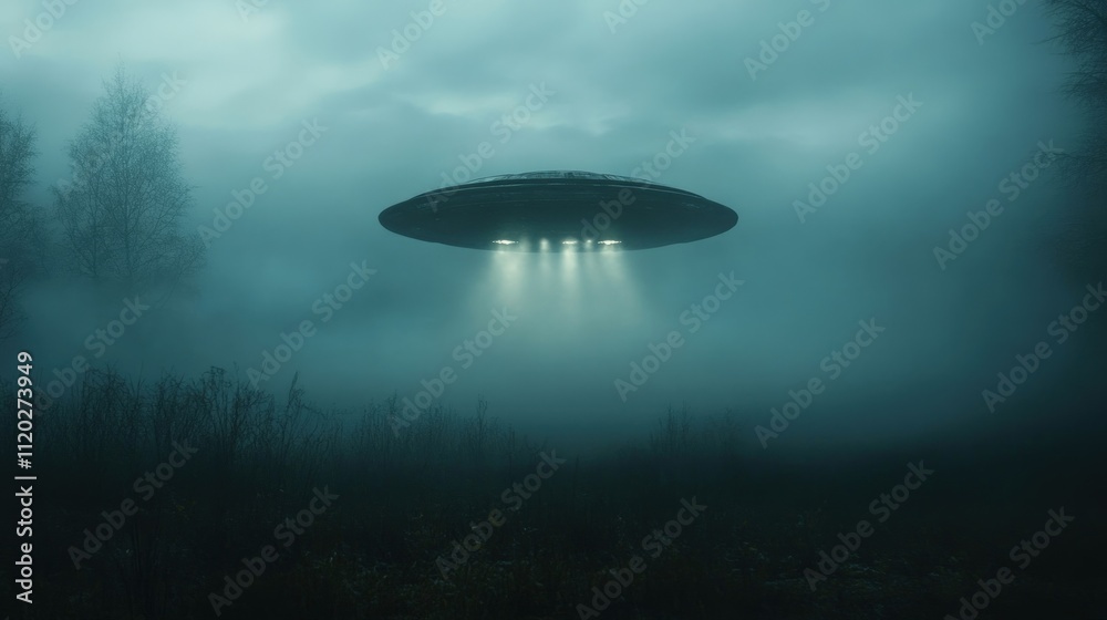 UFO hovering over foggy field at night.