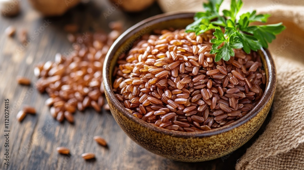 Close-up of perfectly cooked rice grains in a bowl, with a sprig of parsley and a natural wooden background. Close-up of perfectly cooked rice grains in a bowl, with a sprig of parsley and a natural wooden background.
