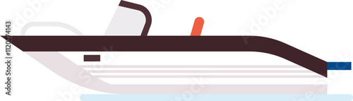 Minimalist vector illustration of a speedboat sailing on water, featuring a windshield, red buoy, and dark hull, ideal for representing concepts of leisure, travel, and marine transport