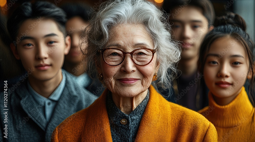 Fototapeta premium Elderly woman surrounded by young adults, celebrating intergenerational connection and diversity