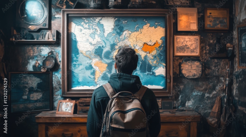 Man with backpack admires large world map in antique room. Man with backpack admires large world map in antique room.