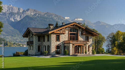 Historic Stone Alpine Chalet with Mountain Lake Views, Traditional St. Moritz Estate with Carved Details