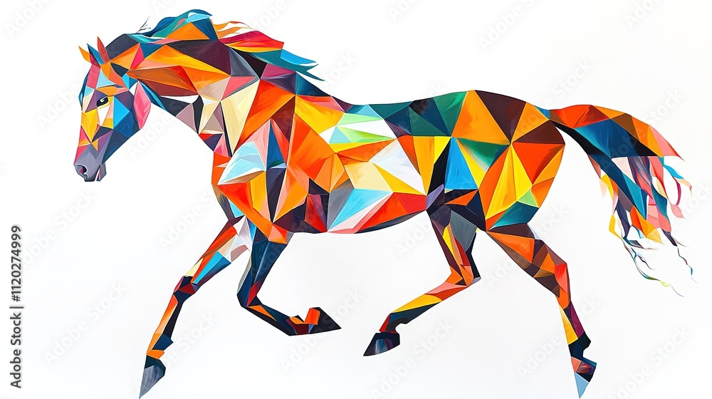 Obraz premium A vibrant, abstract depiction of a horse, composed of colorful geometric shapes, showcasing a dynamic sense of movement and artistic flair.