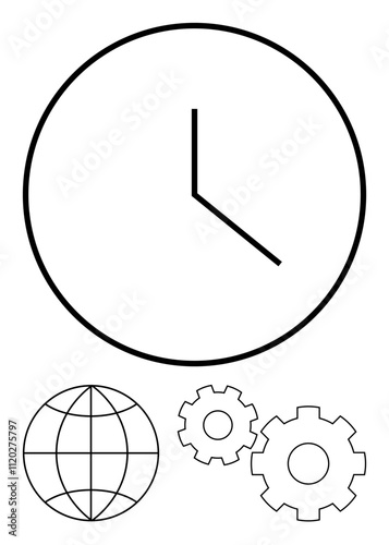 Clock with hour and minute hands, globe with latitude and longitude lines, and two interlocking gears. Ideal for themes of efficiency, productivity, global business, teamwork, project management