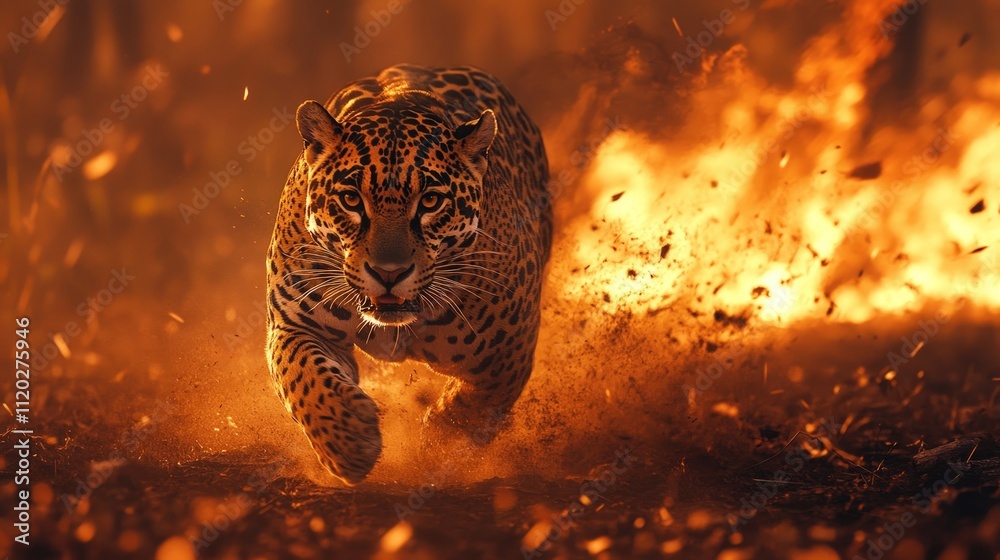 Powerful jaguar running through wildfire. Powerful jaguar running through wildfire.