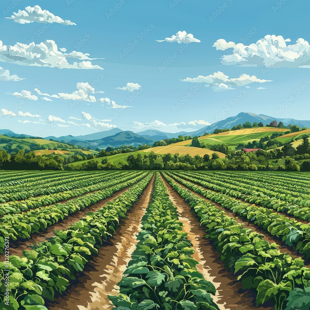 Vibrant Green Crops in Expansive Agricultural Fields Under Clear Blue Sky with Scenic Mountains in Background on a Bright Sunny Day Vibrant Green Crops in Expansive Agricultural Fields Under Clear Blue Sky with Scenic Mountains in Background on a Bright Sunny Day